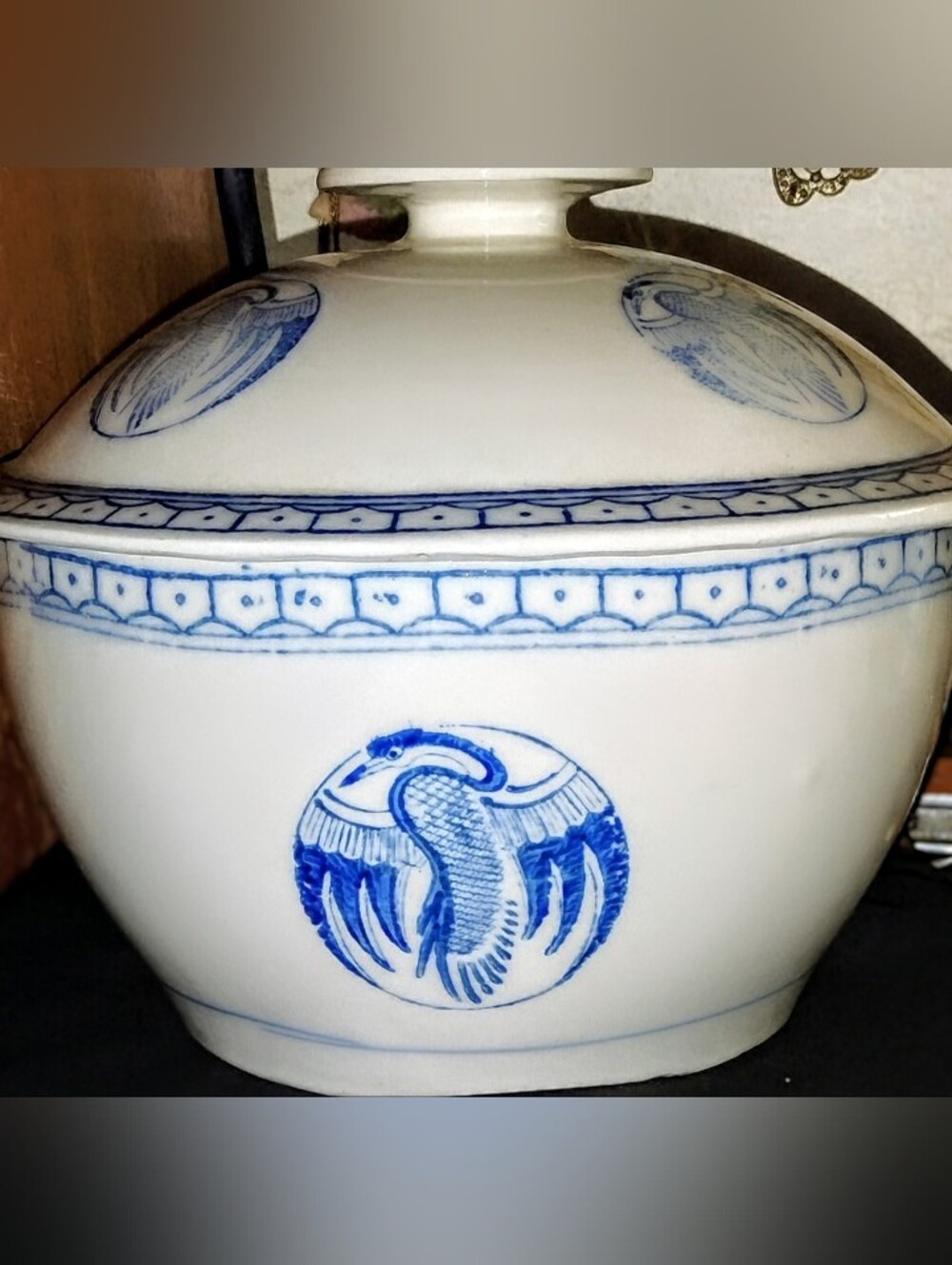 Vintage Asian Blue & White Flying Crane Porcelain Covered Bowl W/Lid